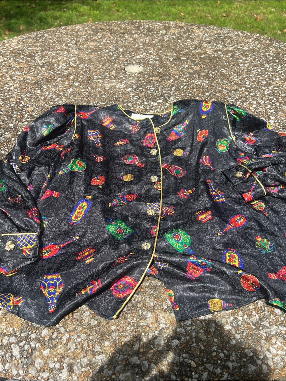 Vintage Black Satin Finish Colorful Perfume Bottle Print Blouse Gold Piping 18W